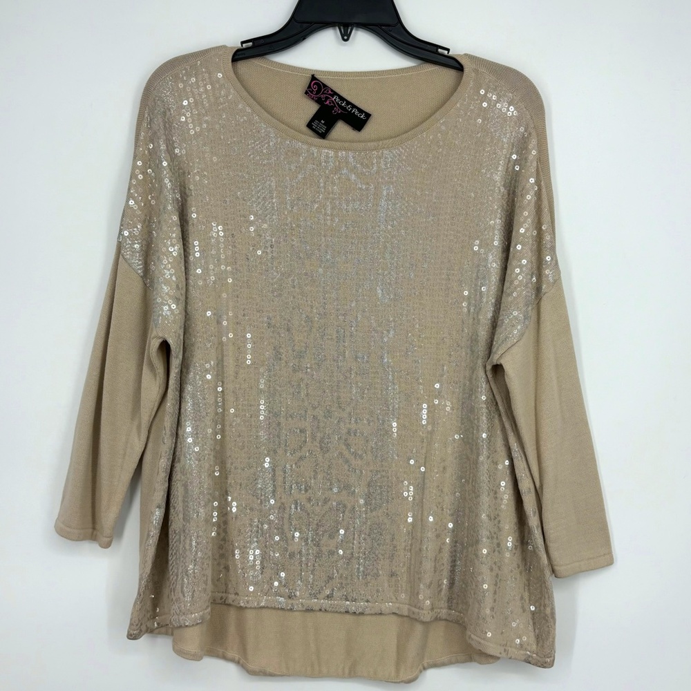 Peck & Peck Womens Medium Pullover Sweater Beige Silver Animal Print Sequins LS
